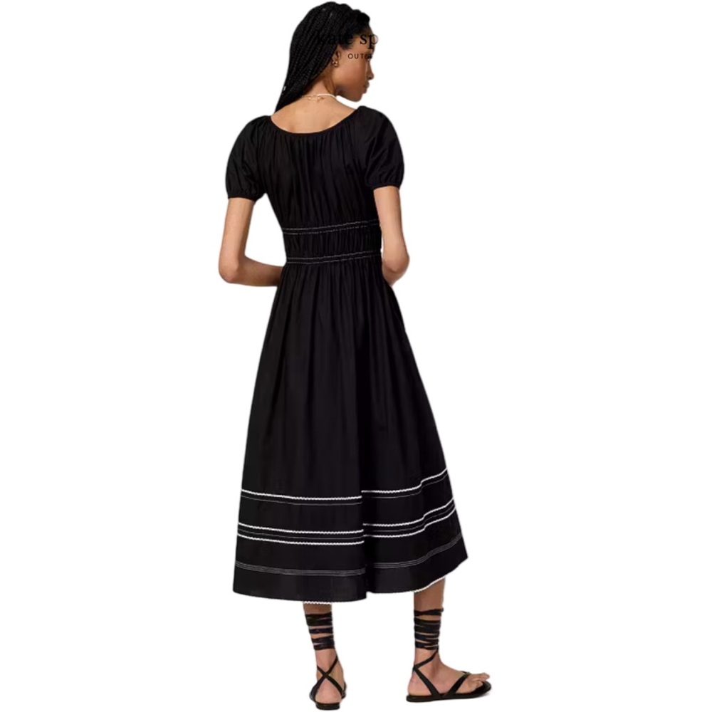 Kate Spade Ric Rac Riviera Black Puff Sleeve Smocked Midi Dress Large - Picture 2 of 15